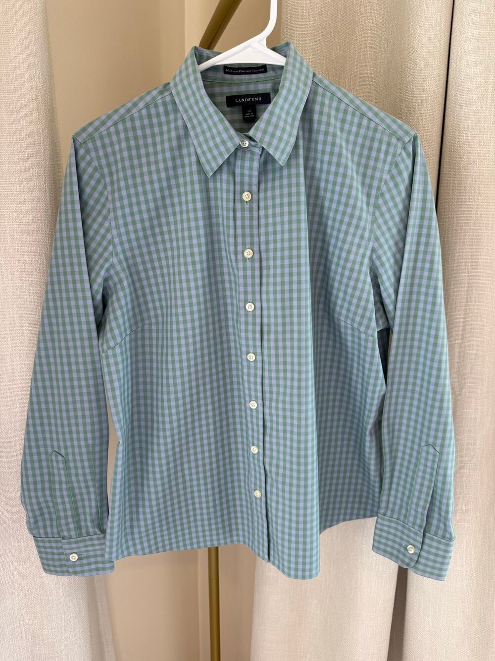 Lands' End Button Down Shirt Women's Size 14P Green Gingham Casual Long Sleeves